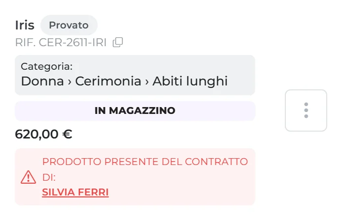 In primo piano, dal contratto: l’abito Iris, provato, con l’avviso che è già nel contratto di Silvia Ferri.