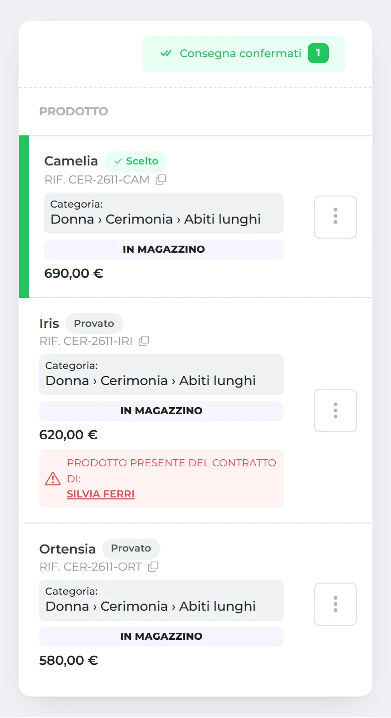 I prodotti di un contratto sul telefono: Camelia con il badge «Scelto», Iris e Ortensia con il badge «Provato»; sotto Iris l’avviso «Prodotto presente nel contratto di Silvia Ferri».